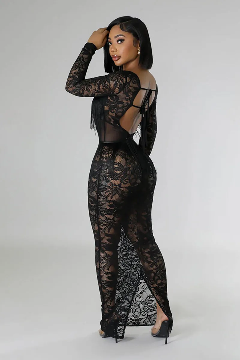 Long Sleeve Lace Tassel See Through Maxi Dress