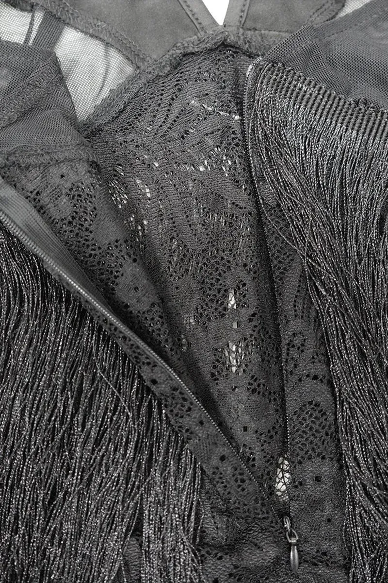 Long Sleeve Lace Tassel See Through Maxi Dress