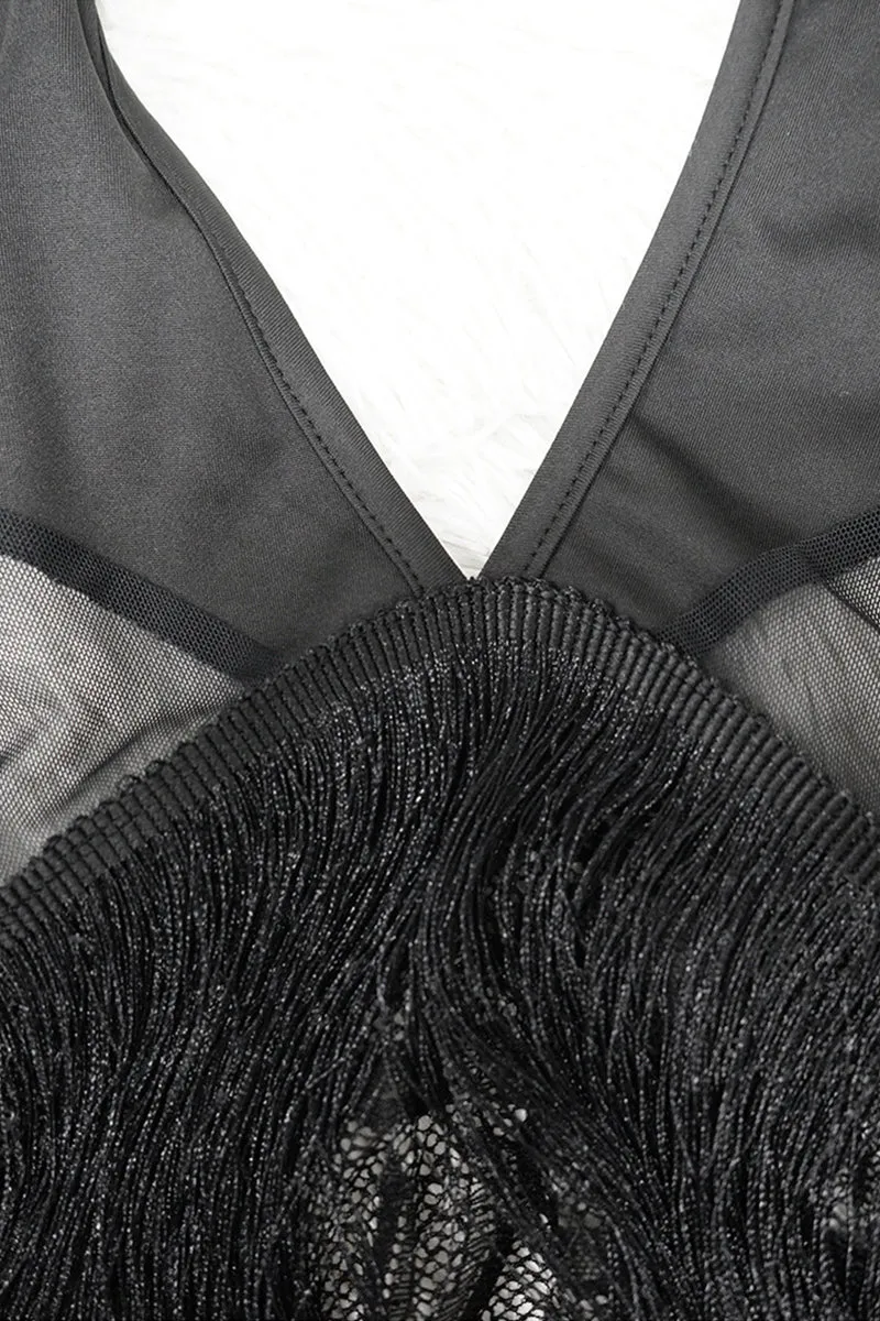 Long Sleeve Lace Tassel See Through Maxi Dress