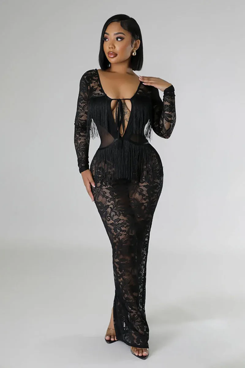 Long Sleeve Lace Tassel See Through Maxi Dress