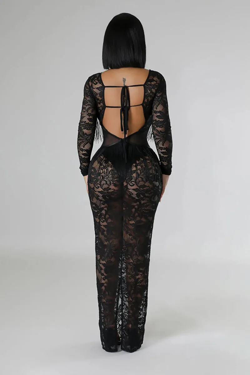 Long Sleeve Lace Tassel See Through Maxi Dress