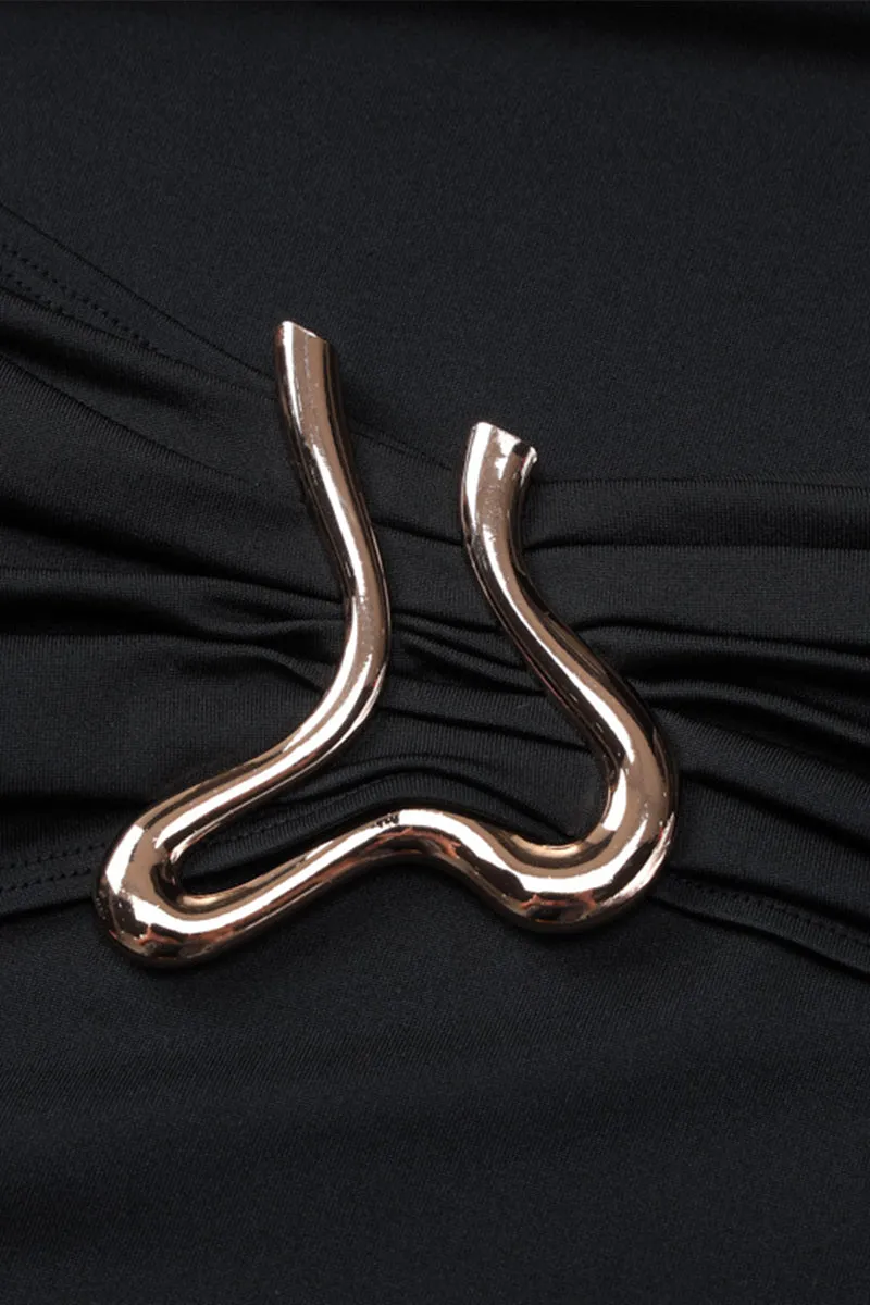 Long Sleeve Metal Ring Ruched Bodycon Maxi Dress