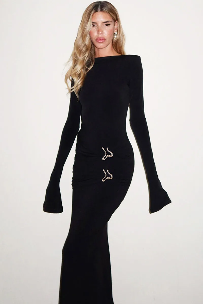 Long Sleeve Metal Ring Ruched Bodycon Maxi Dress