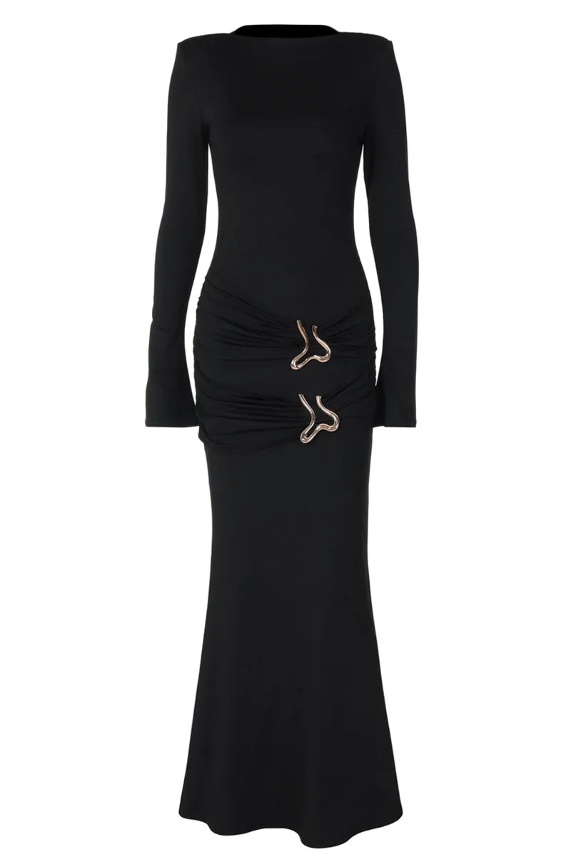 Long Sleeve Metal Ring Ruched Bodycon Maxi Dress