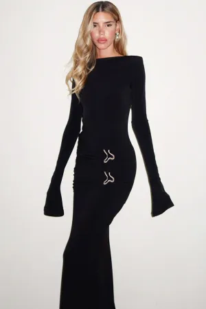 Long Sleeve Metal Ring Ruched Bodycon Maxi Dress