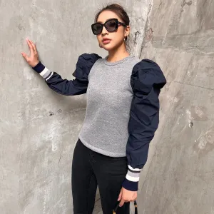Loose Patchwork Colorblock Sweatshirt For Women Round Neck Puff Sleeve Casual Sweatshirts Female Autumn Clothes