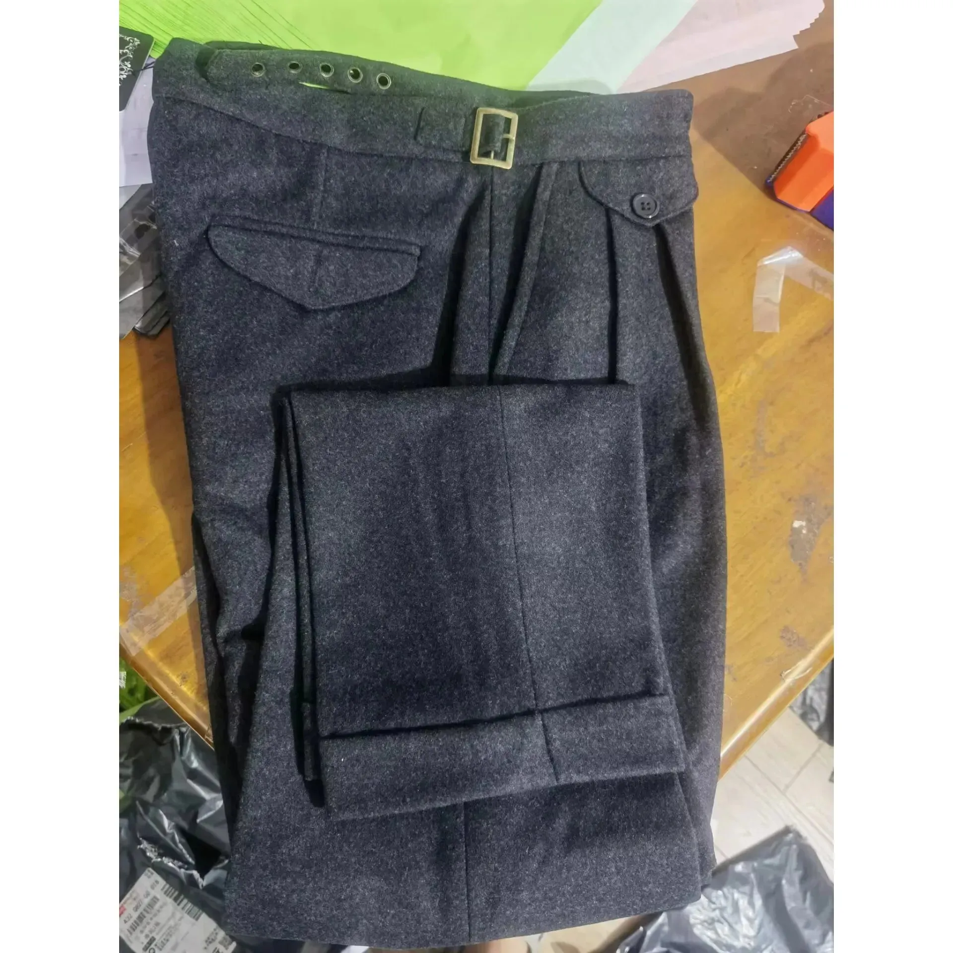 Men's Autumn Winter High Waist Wool Tweed Trousers