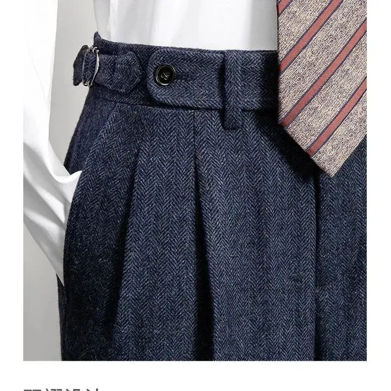 Men's Autumn Winter High Waist Wool Tweed Trousers