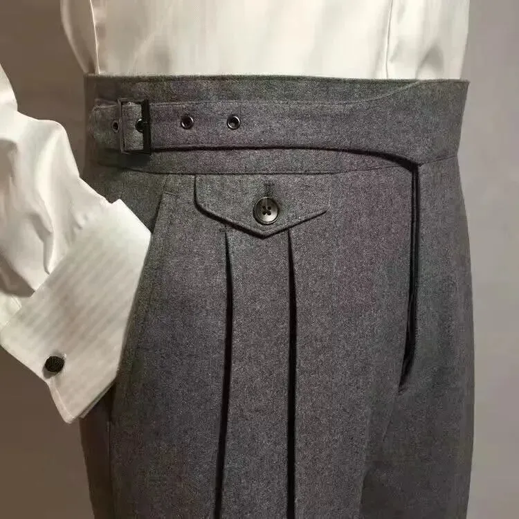 Men's Autumn Winter High Waist Wool Tweed Trousers