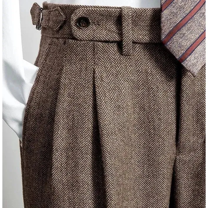 Men's Autumn Winter High Waist Wool Tweed Trousers