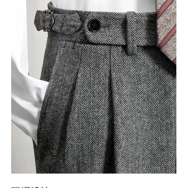 Men's Autumn Winter High Waist Wool Tweed Trousers