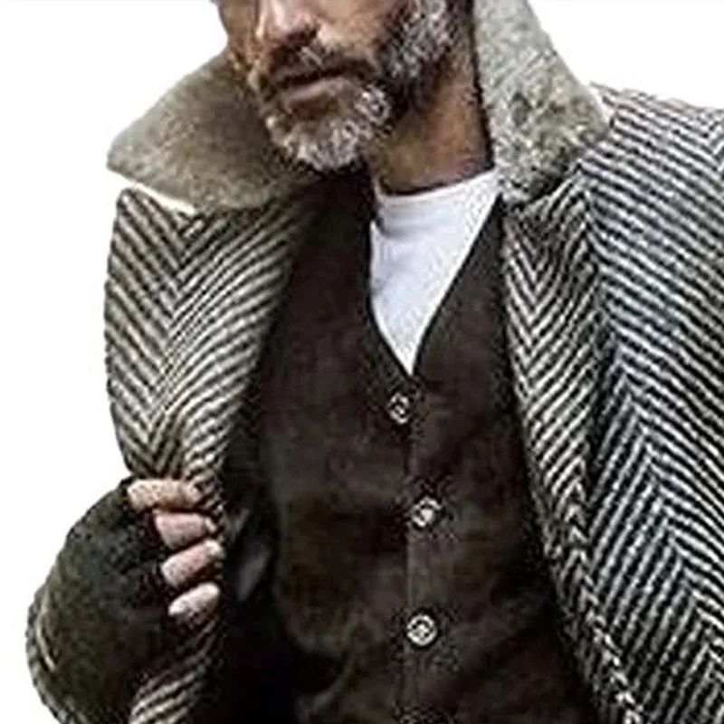Men's Vintage Herringbone Fabric Spliced Fur Collar Coat 32573111Y