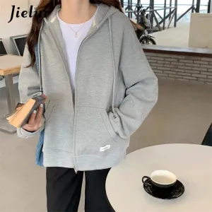 Metaversmall Autumn Chic Zip-up Hoodies Female Casual Street Loose Thin Blue Gray Apricot Sweatshirt Pocket Hooded Women Cardigans