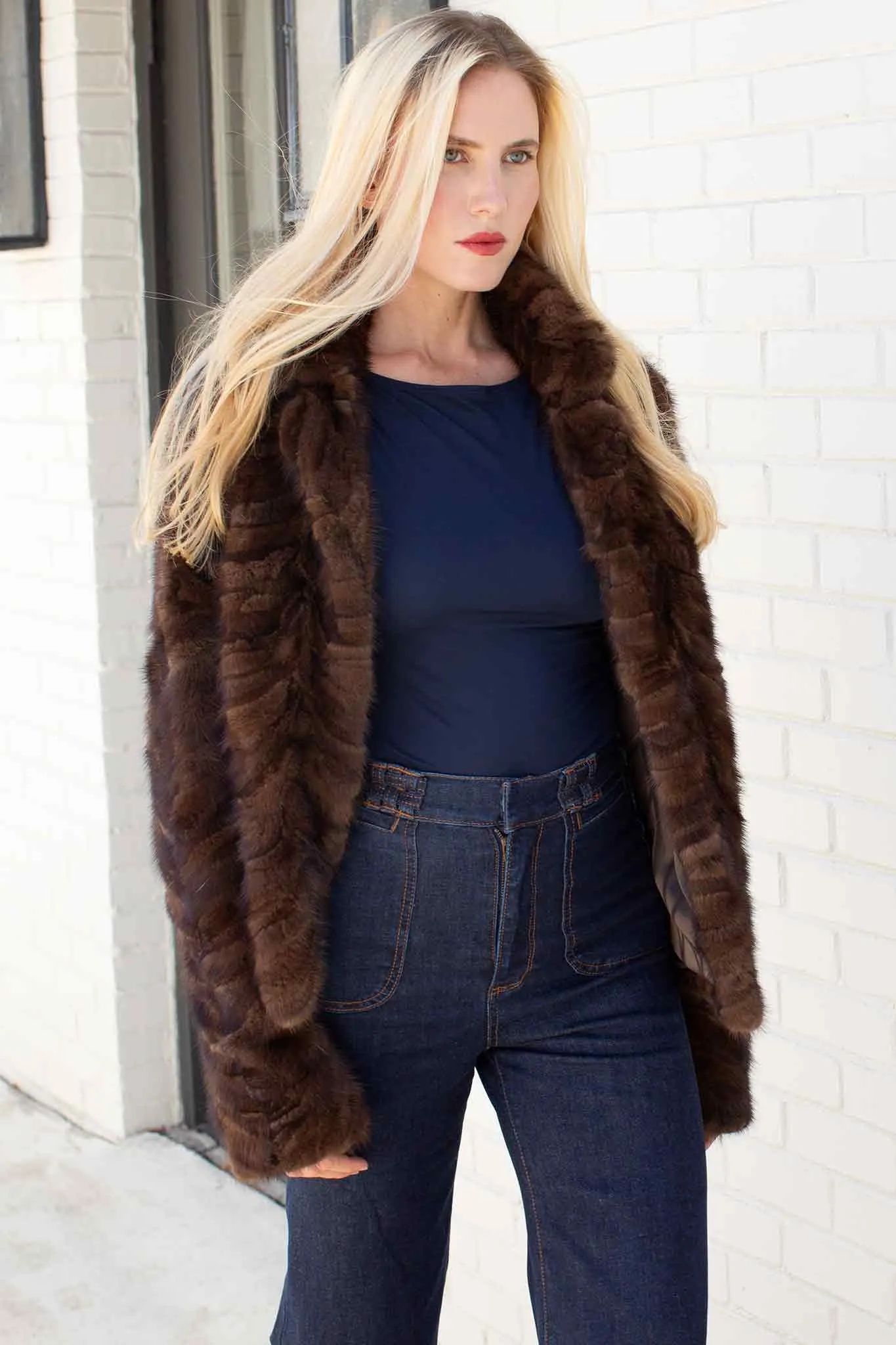 Mink Fur Jacket with Straight Sleeves & Notch Collar
