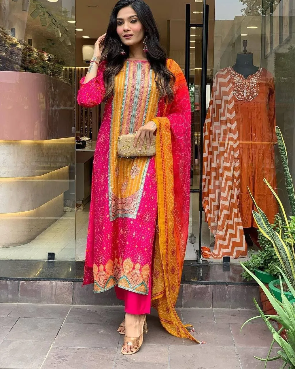 Multicolored Bandhani Print Suit with Stone Work & Dupatta