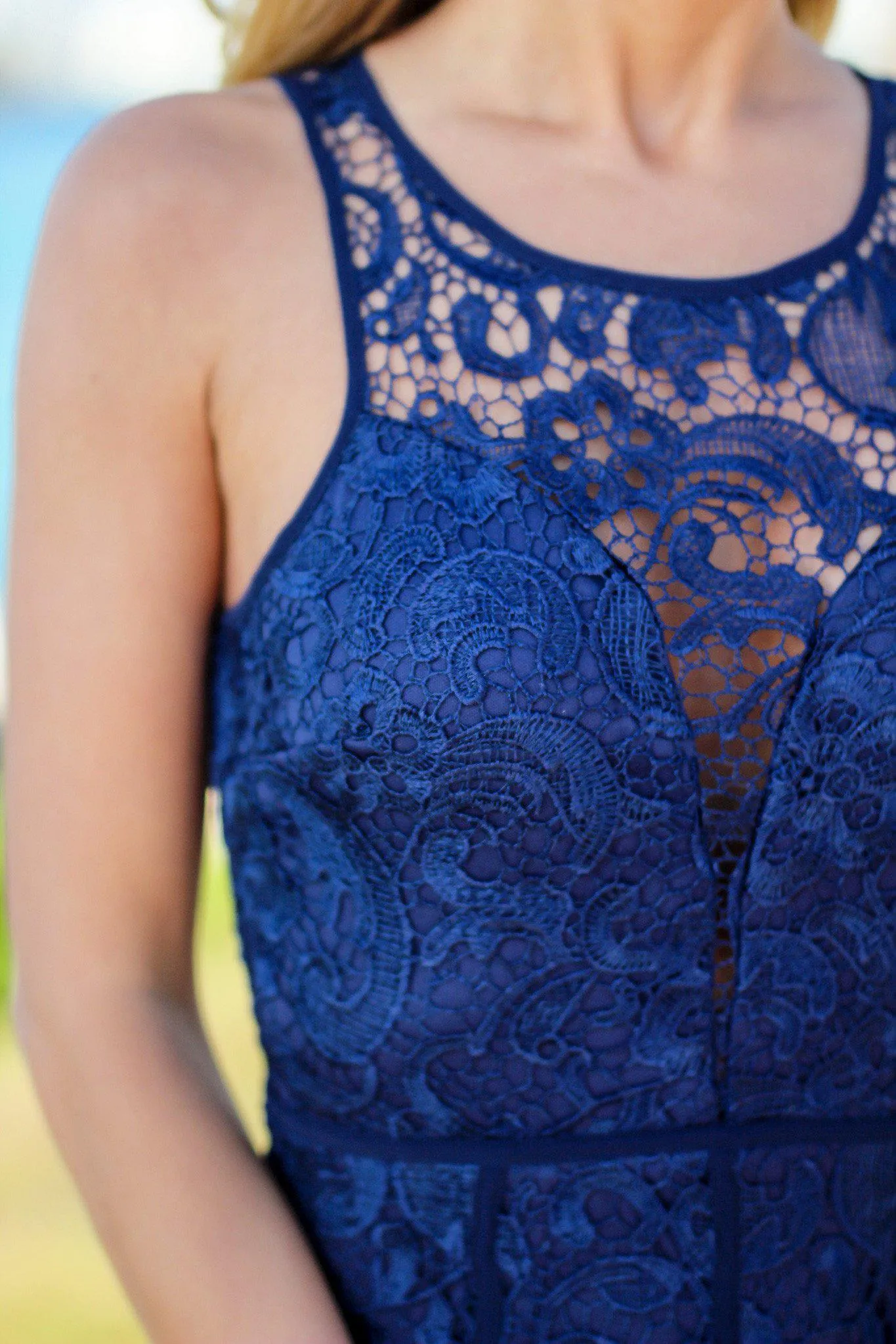 Navy Lace Maxi Dress with Front Slit