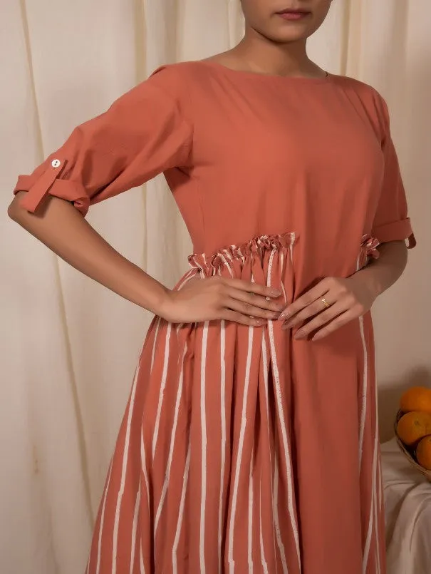 Peach Cotton Loquat Panel Gathers Dress