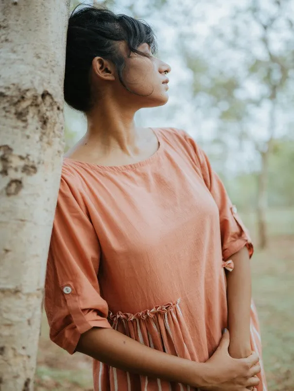 Peach Cotton Loquat Panel Gathers Dress