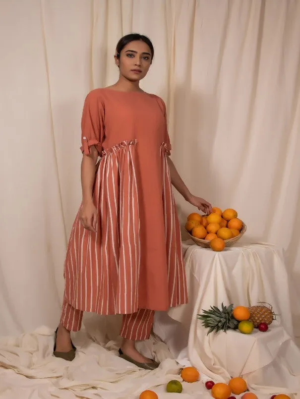 Peach Cotton Loquat Panel Gathers Dress