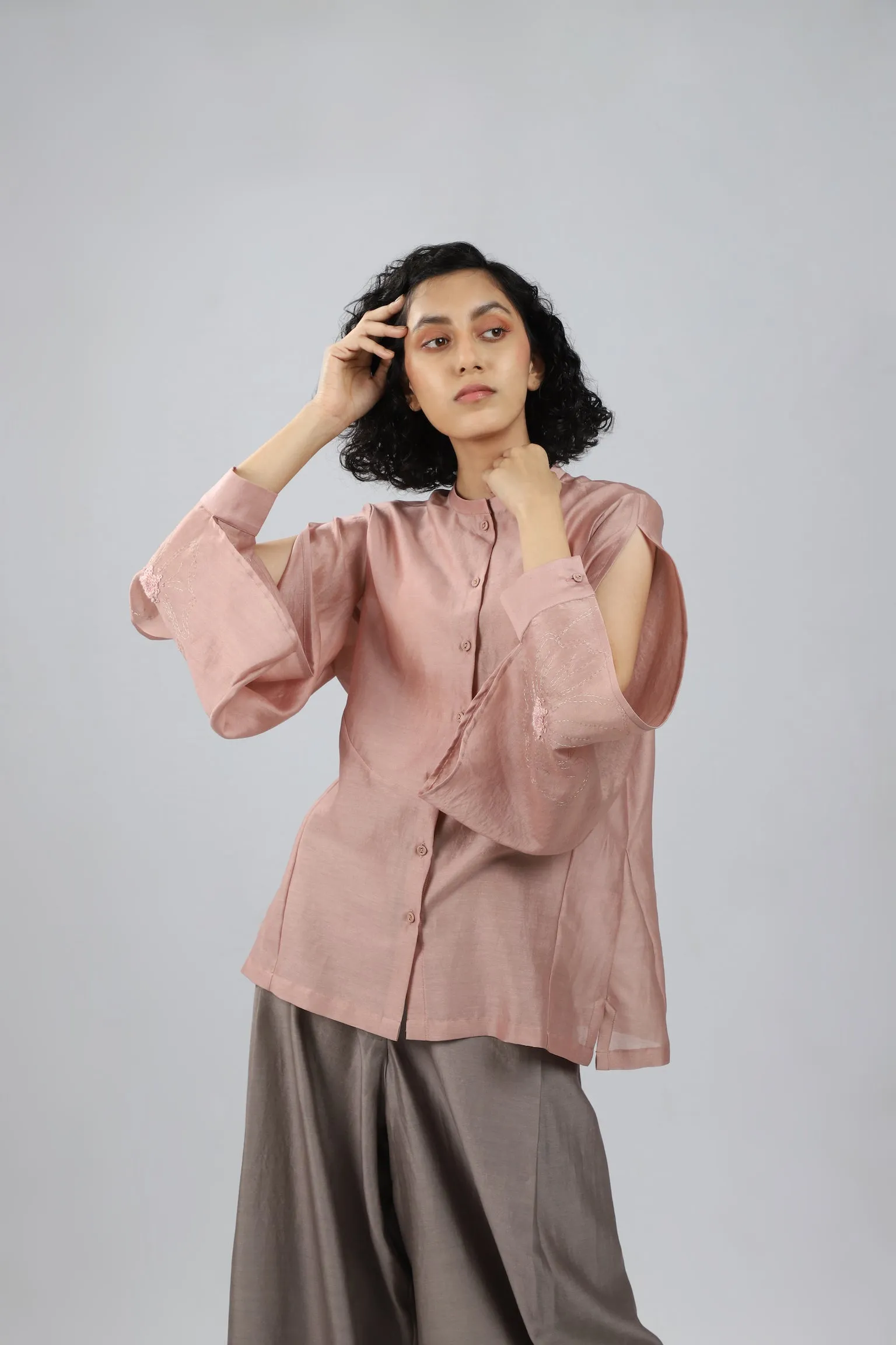 Pink Embroidered Slit Sleeve Top