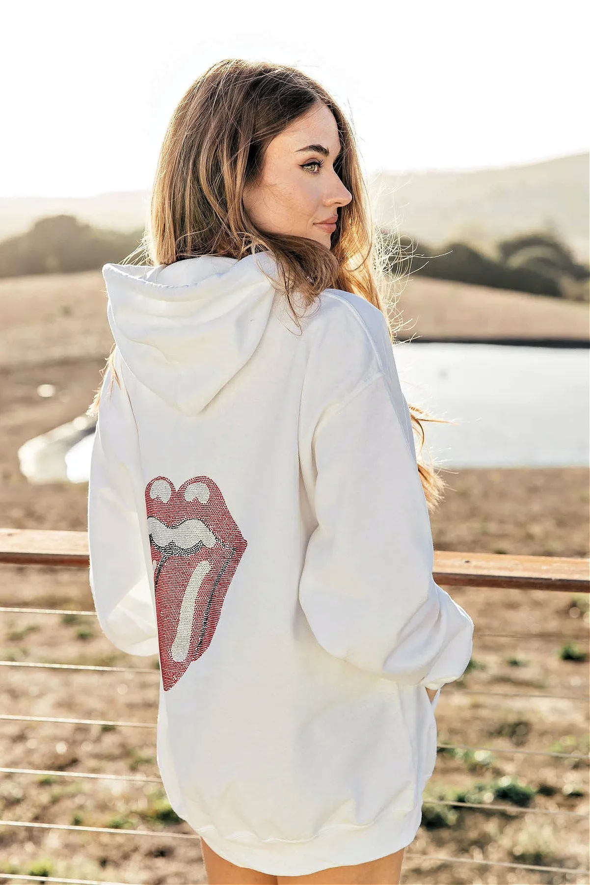 PREORDER!! Crystal Drawstring Sweatshirt w/ Rhinestone Lips in 2 Colors!