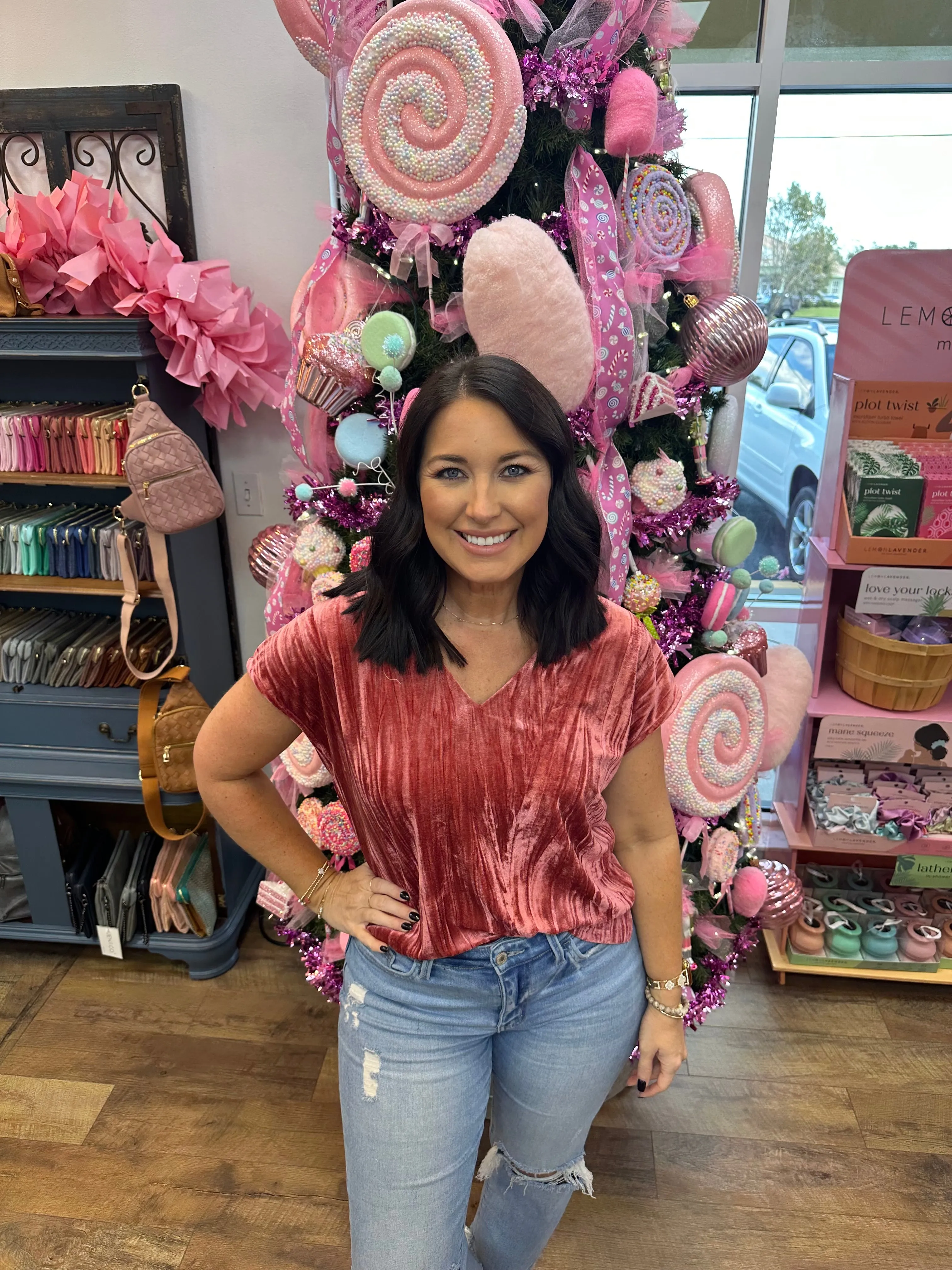 Rose V Neck Velvet Top
