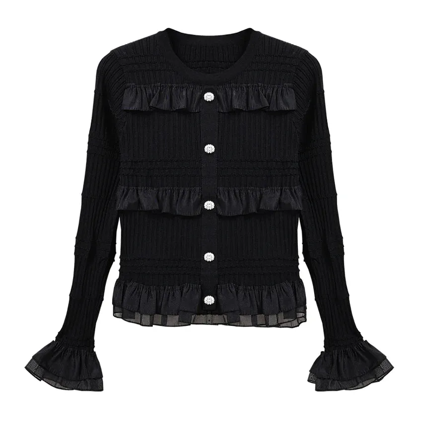 Ruffle Flare Sleeve Lace Shirt Blouse Spring Womens Fashion Long Sleeve Top Designer Tight Shirt Korean Style B-059