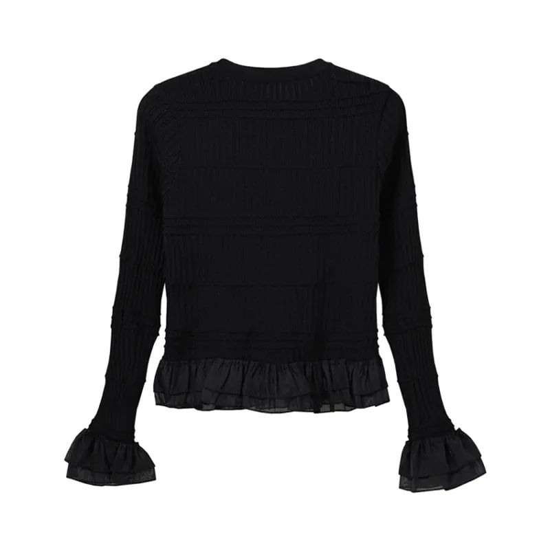 Ruffle Flare Sleeve Lace Shirt Blouse Spring Womens Fashion Long Sleeve Top Designer Tight Shirt Korean Style B-059