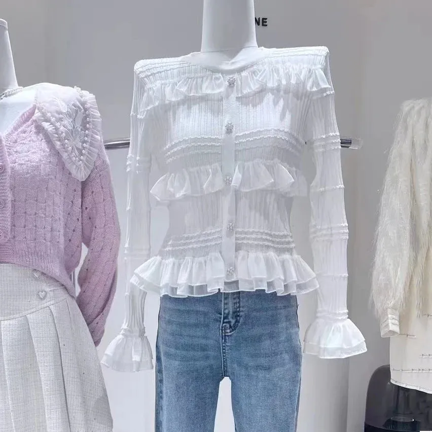Ruffle Flare Sleeve Lace Shirt Blouse Spring Womens Fashion Long Sleeve Top Designer Tight Shirt Korean Style B-059