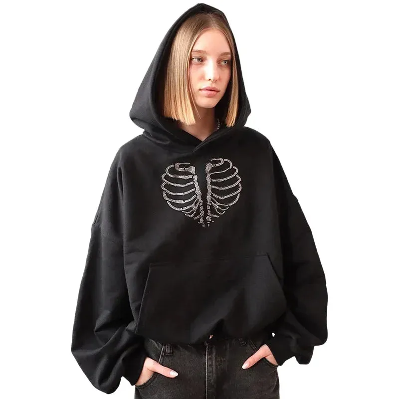 Skeleton Rhinestone Hoodies Women Goth Halloween Graphic Sweatshirts Fall Winter Long Sleeve Top Streetwear P85-DD48