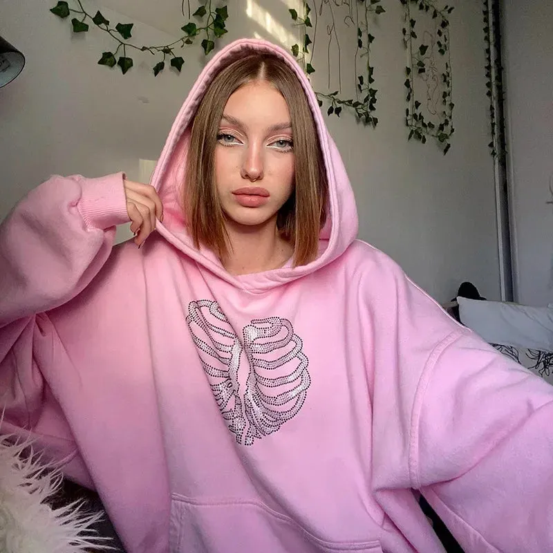 Skeleton Rhinestone Hoodies Women Goth Halloween Graphic Sweatshirts Fall Winter Long Sleeve Top Streetwear P85-DD48