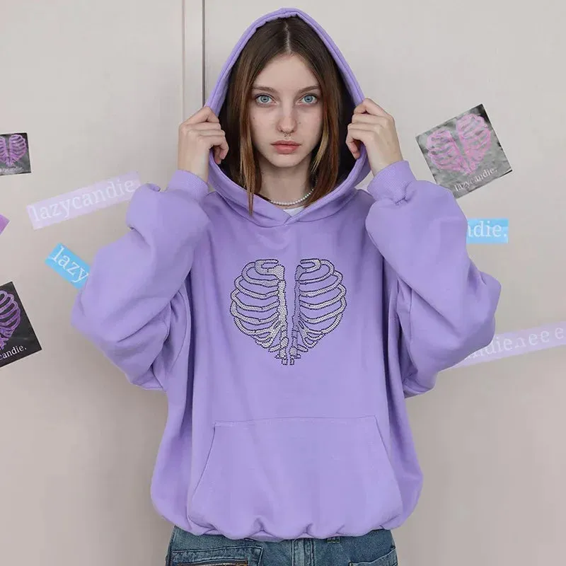 Skeleton Rhinestone Hoodies Women Goth Halloween Graphic Sweatshirts Fall Winter Long Sleeve Top Streetwear P85-DD48