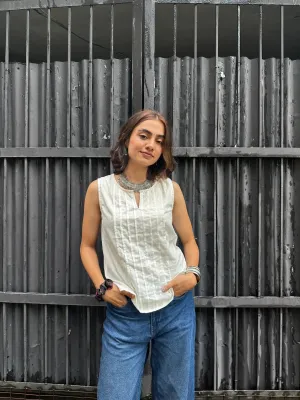 Sleeveless Cotton Pintucks Top White
