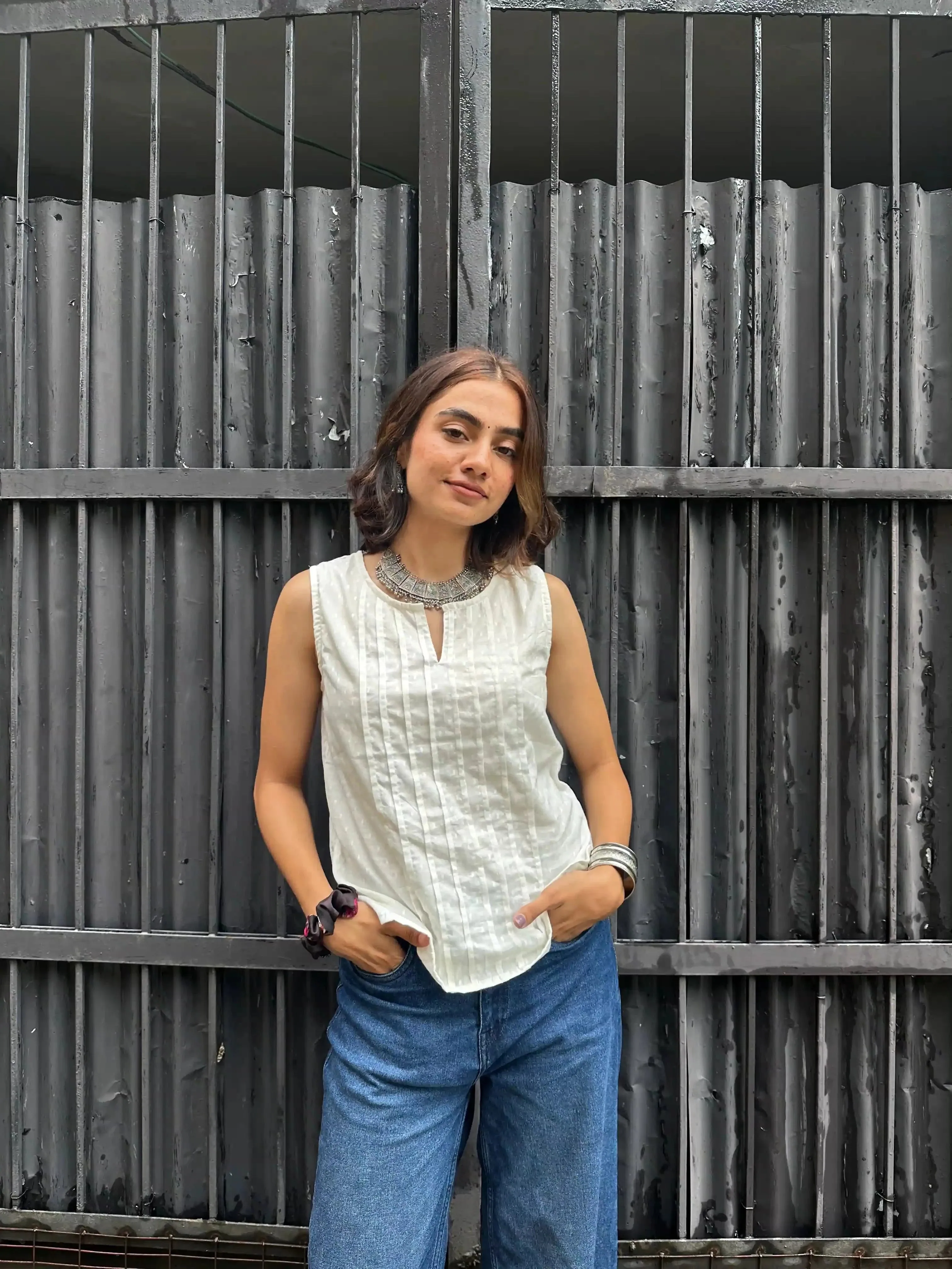 Sleeveless Cotton Pintucks Top White