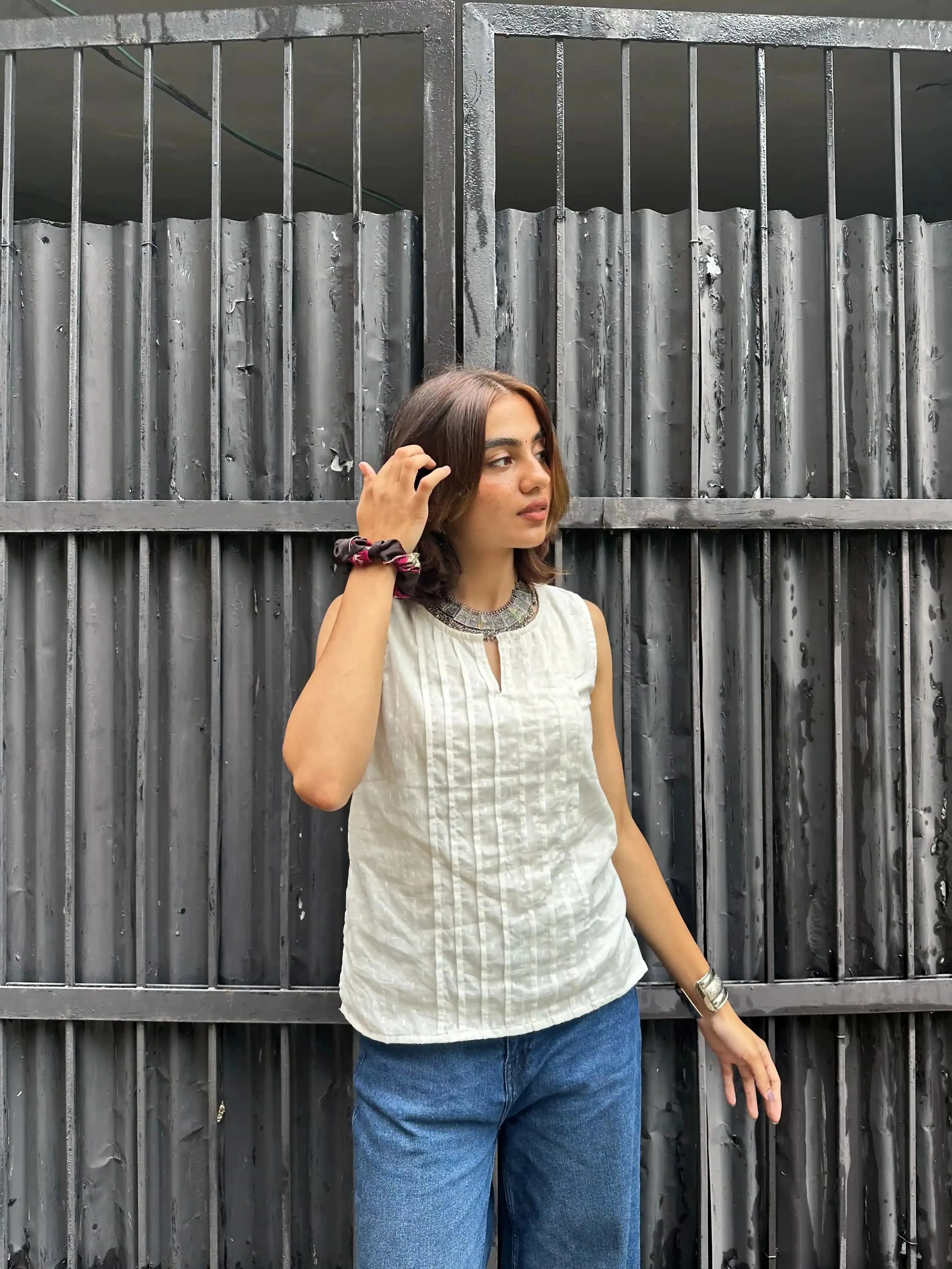 Sleeveless Cotton Pintucks Top White