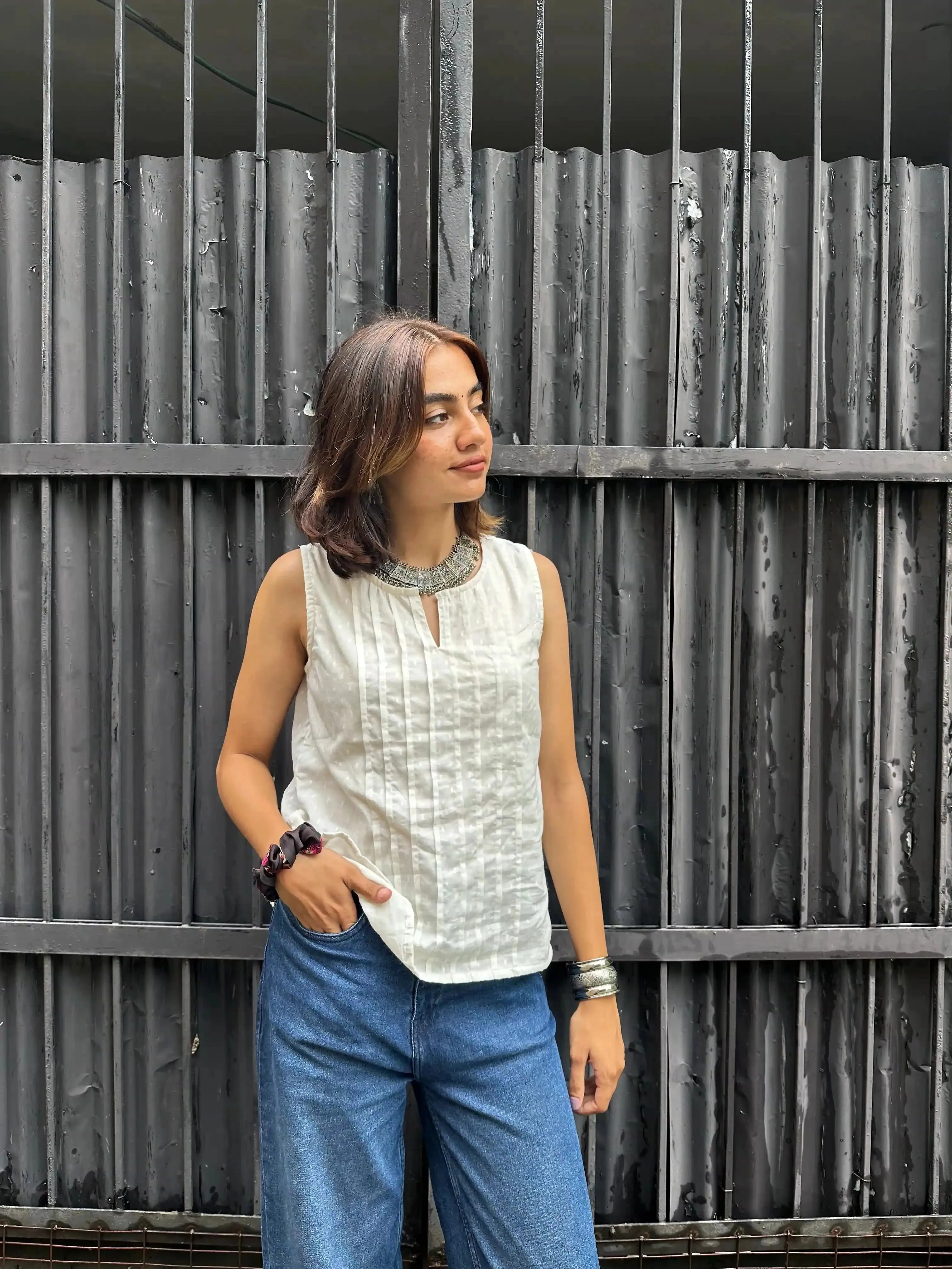 Sleeveless Cotton Pintucks Top White