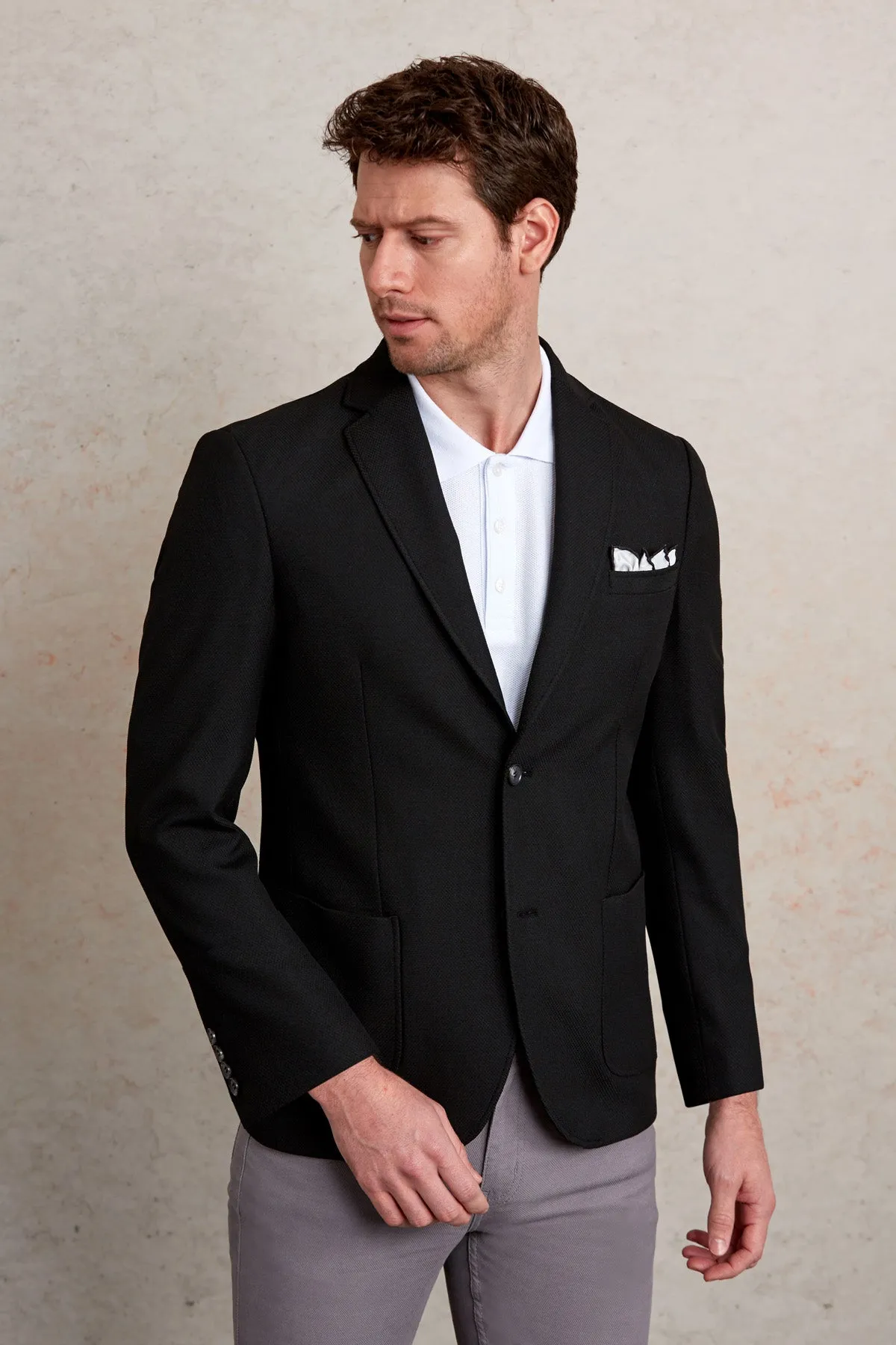 Slim Fit Notch Lapel Black Casual Blazer