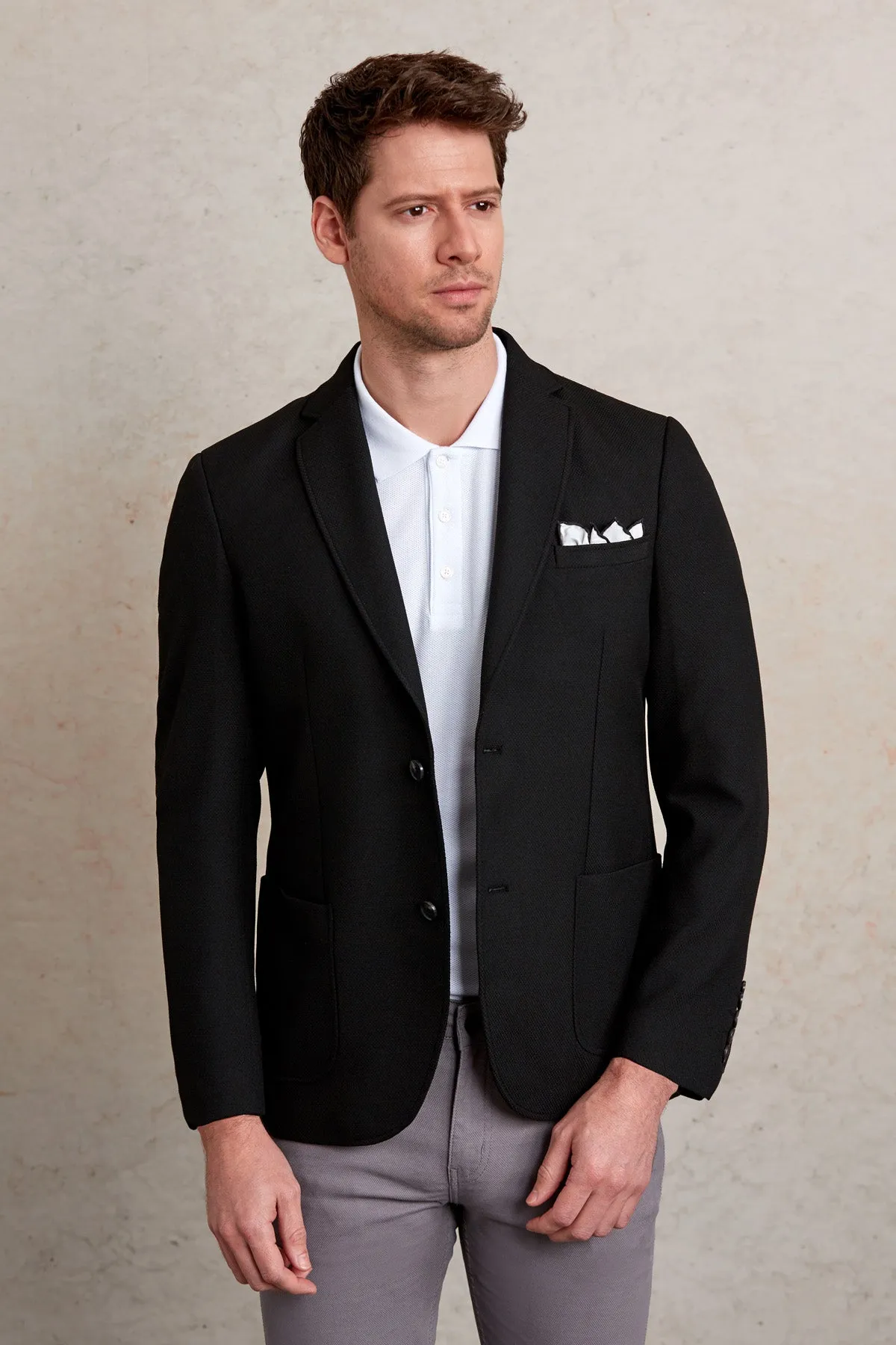 Slim Fit Notch Lapel Black Casual Blazer