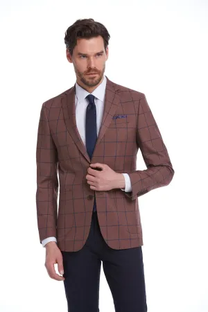 Slim Fit Notch Lapel Checked Brick Classic Blazer, Brick K