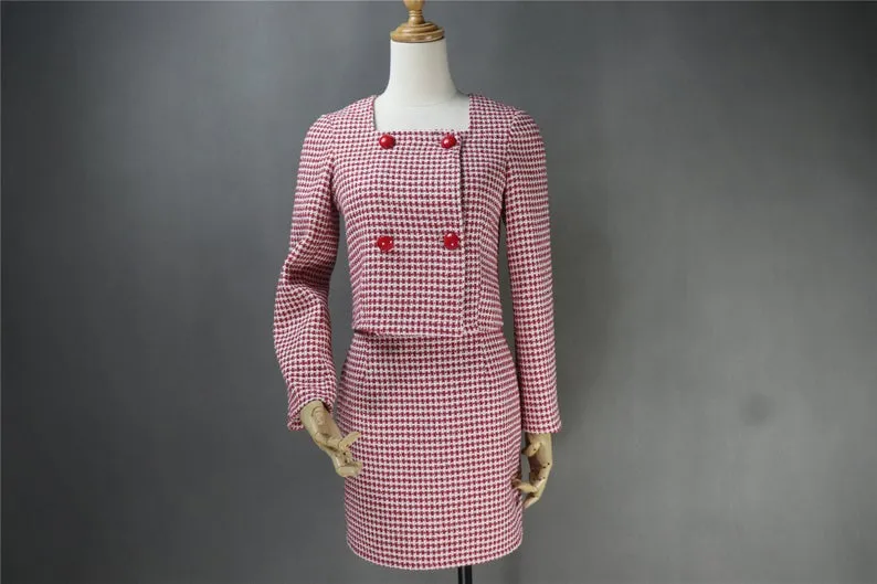 Tailor Made Tweed Square Neck Small Check Blazer   Skirt Suit for Women