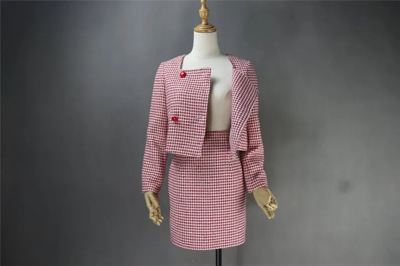 Tailor Made Tweed Square Neck Small Check Blazer   Skirt Suit for Women
