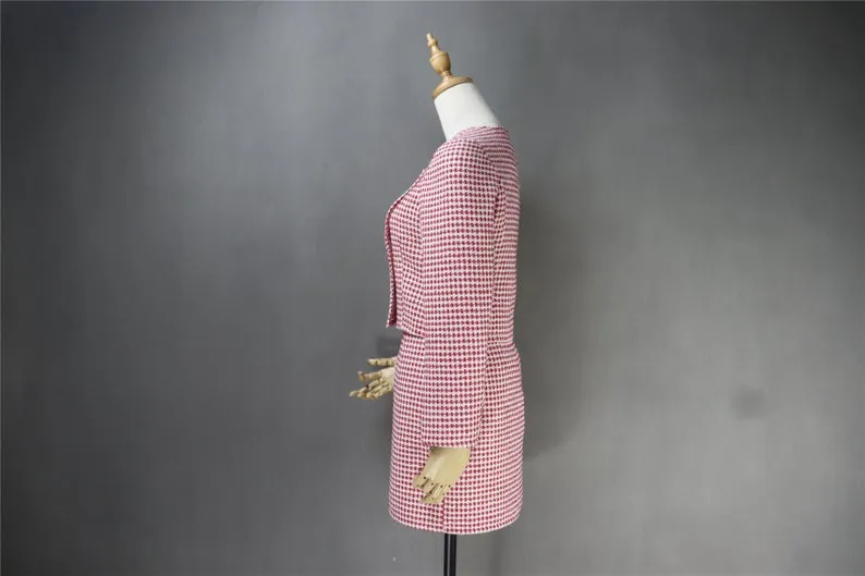 Tailor Made Tweed Square Neck Small Check Blazer   Skirt Suit for Women