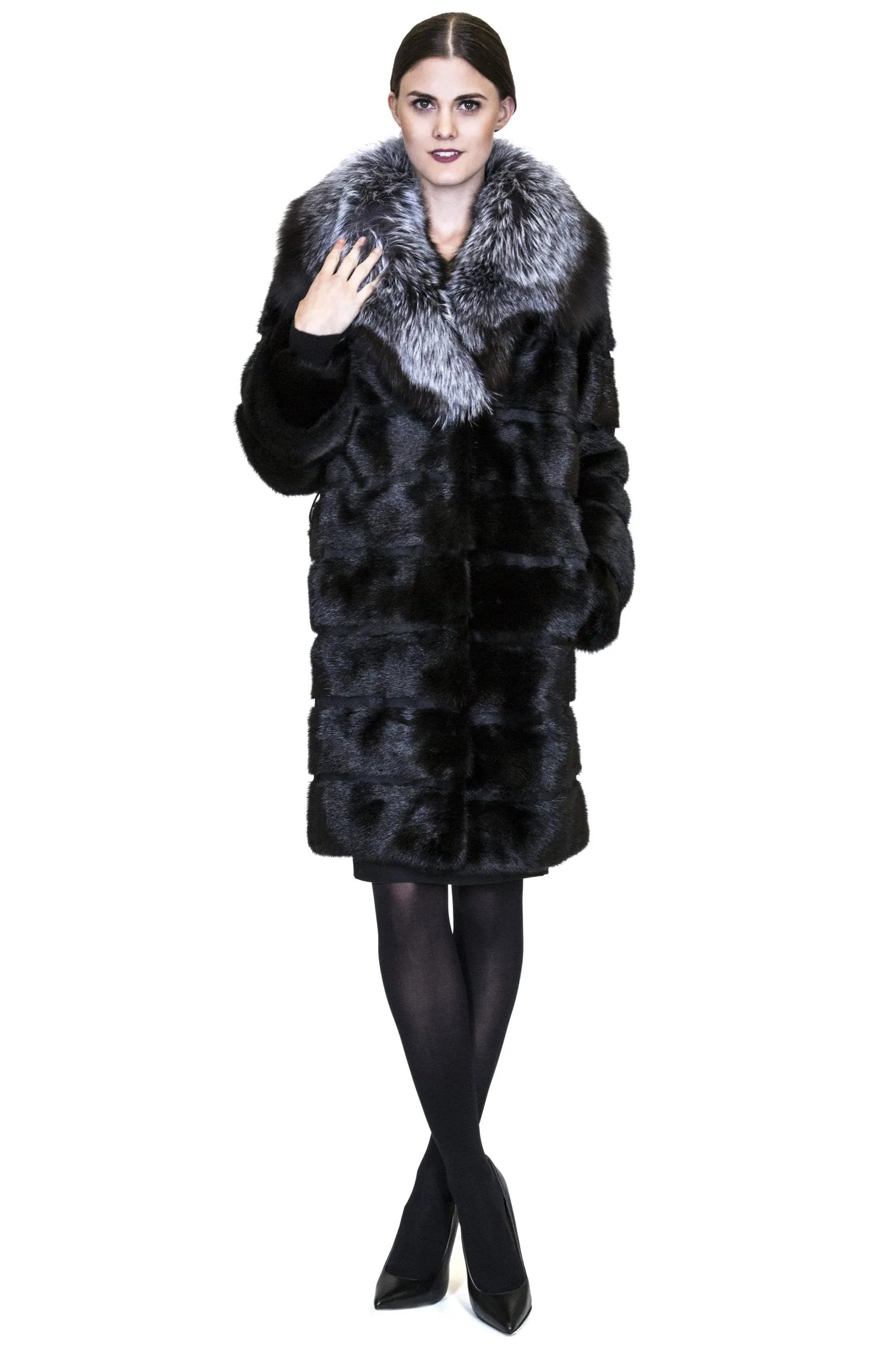 THE BOLTON Full Skin Mink Coat with Plush Silver Fox Collar
