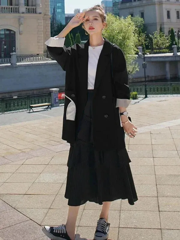 Wenkouban-Winter outfits Christmas Rolled Up Sleeves Double Breasted Oversized Blazer