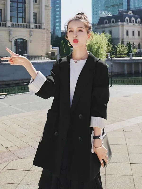 Wenkouban-Winter outfits Christmas Rolled Up Sleeves Double Breasted Oversized Blazer