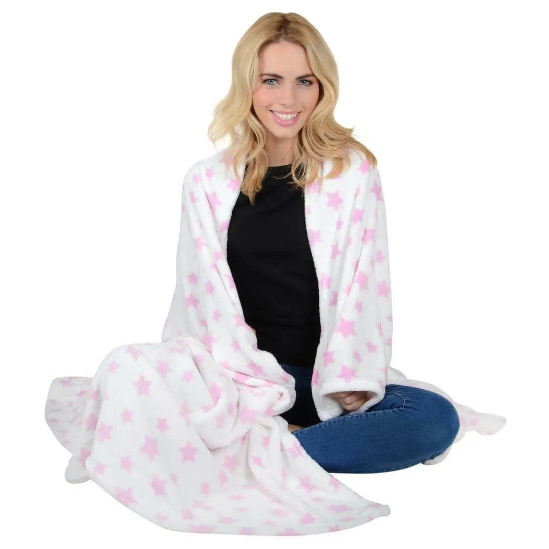 White With Stars Microfleece Blanket Home Sofa Bed Throw