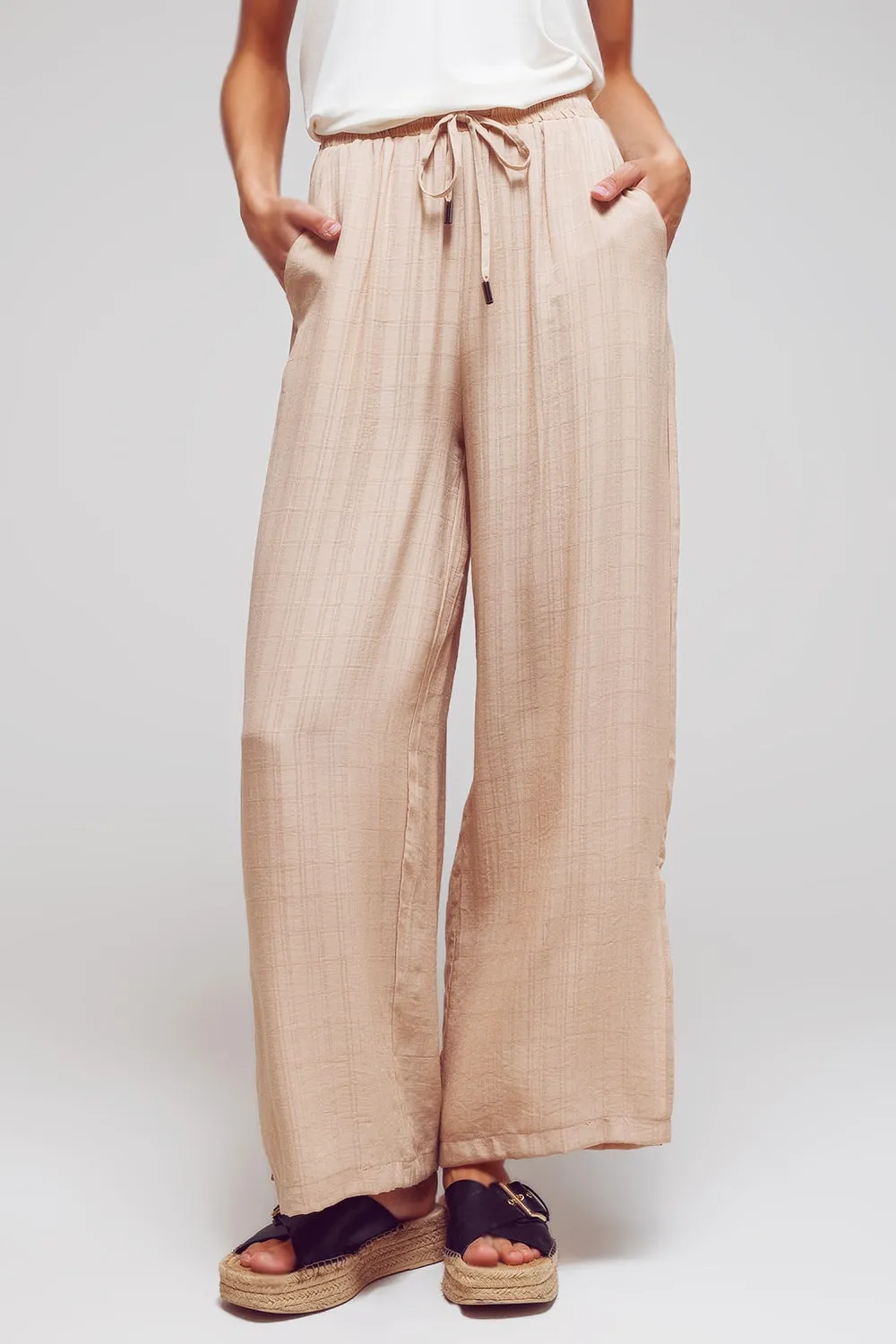Wide Leg Drawstring Pants in Beige