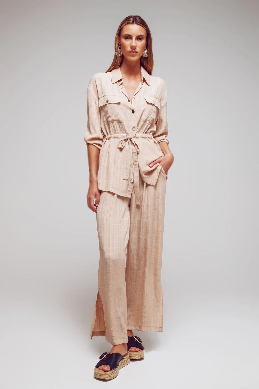 Wide Leg Drawstring Pants in Beige