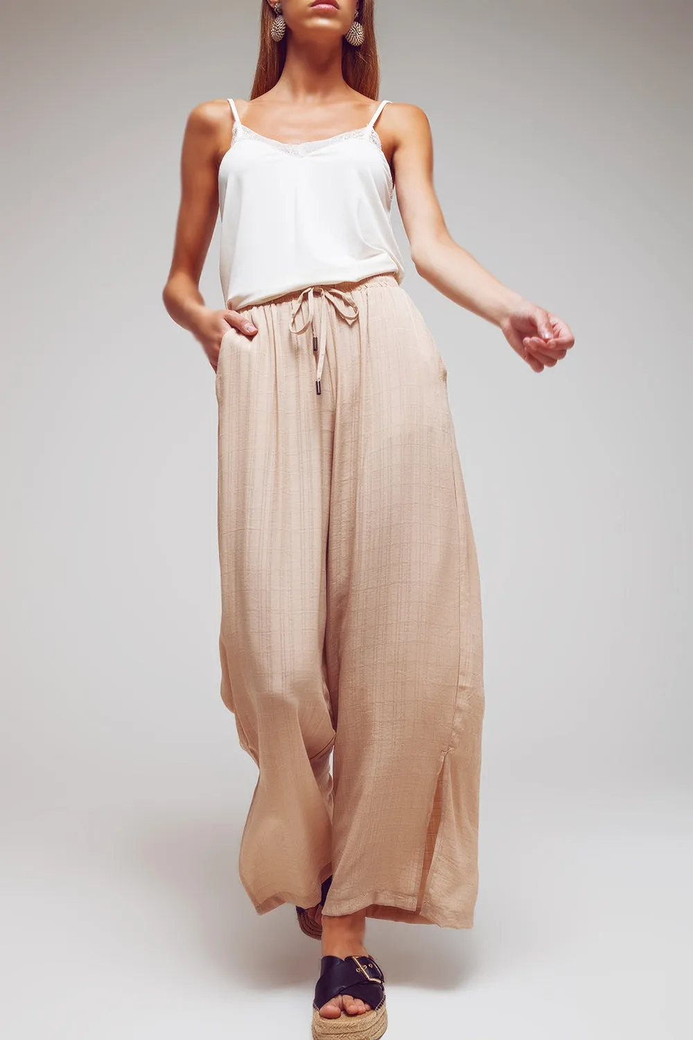 Wide Leg Drawstring Pants in Beige