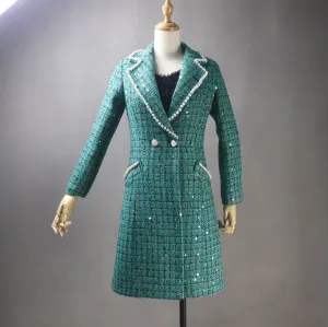 Women's Winter Tailored Sequinned Pearls Decoration Tweed Long Warm Coat